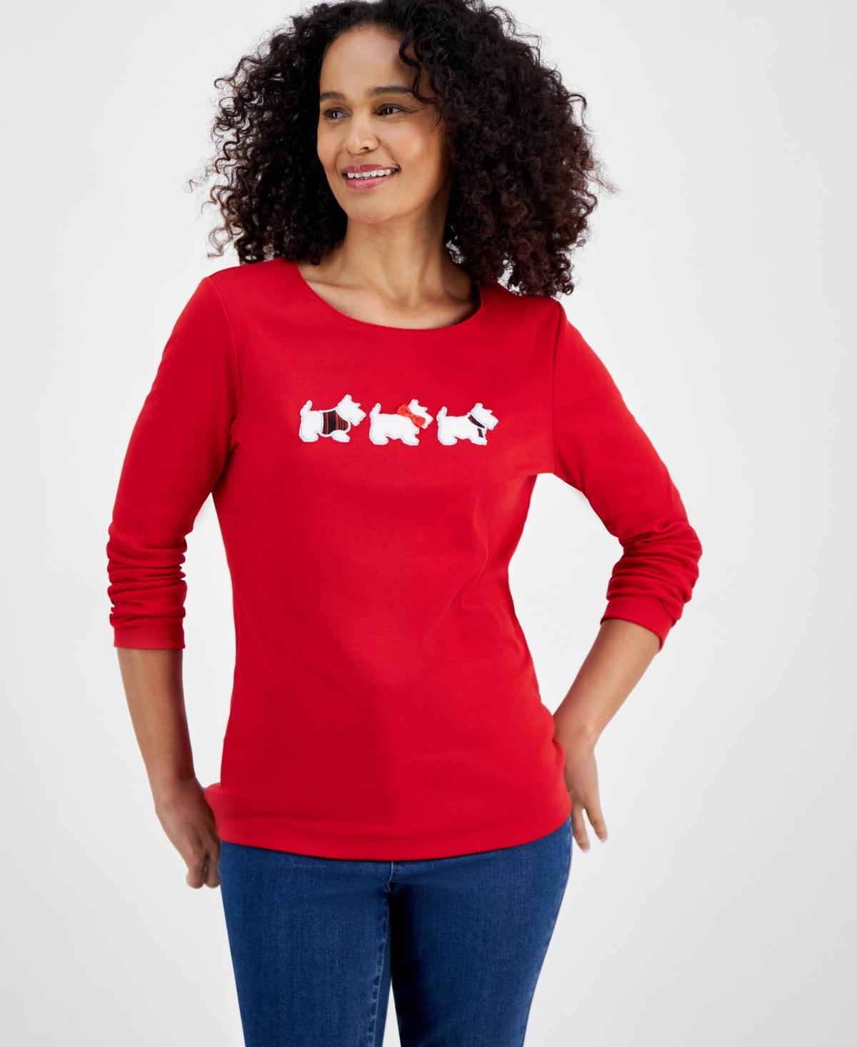 Holiday Lane Womens Holiday Lane Scottie Walk Long-Sleeve Top, Created for Macys Product Image
