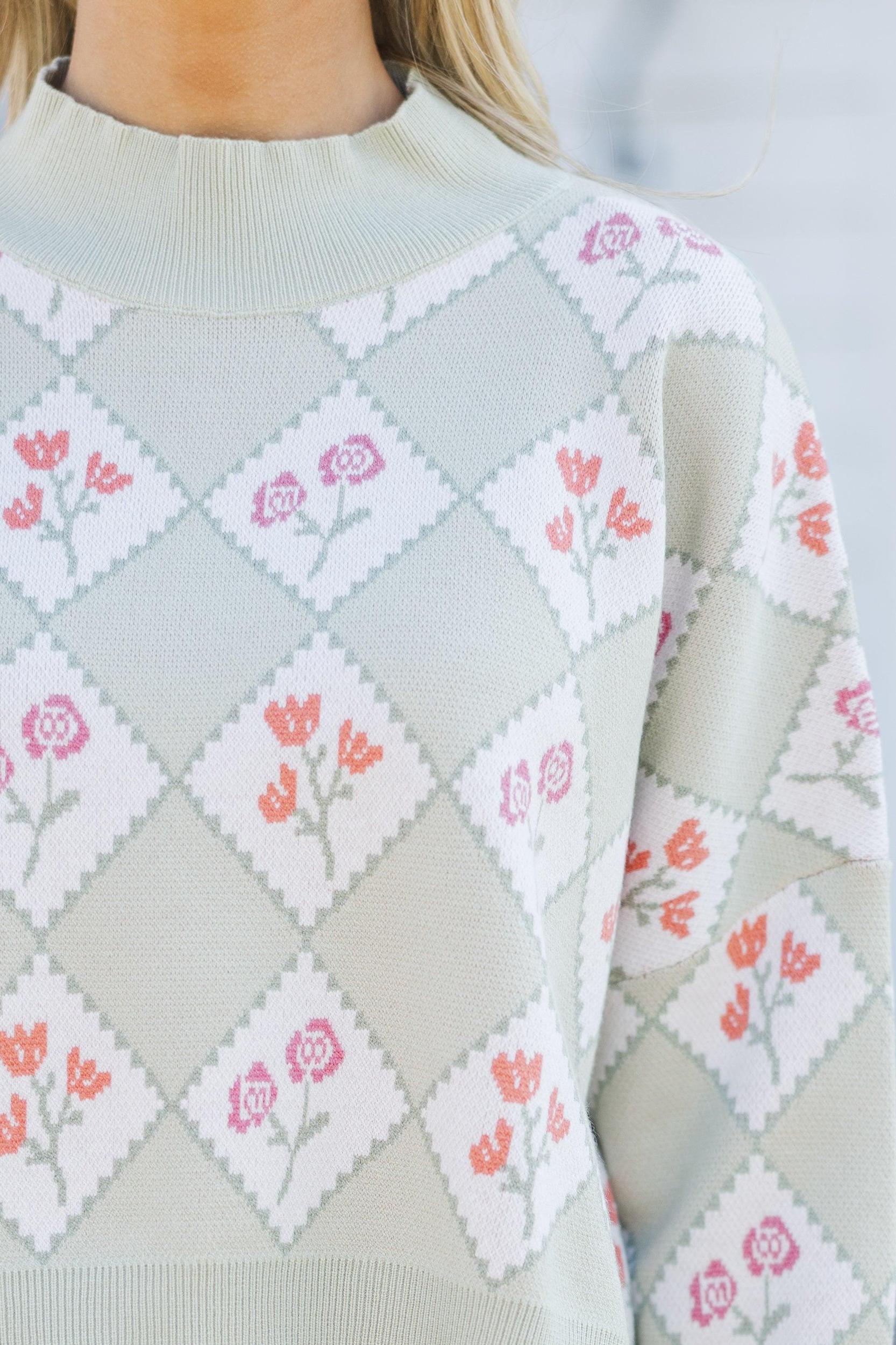 Perfectly You Sage Floral Argyle Cropped Sweater Female Product Image