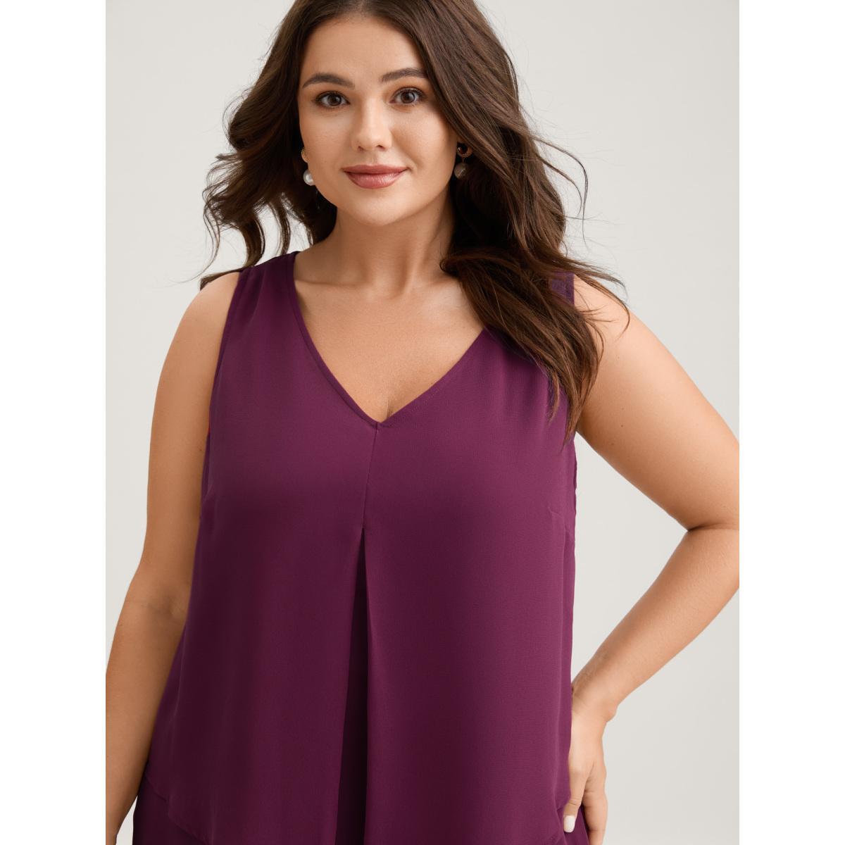 Plus Size Chiffon Overlap Hem V-Neck Tank Top Women Plum V-neck Everyday-Elegant Tank Tops Camis BloomChic 28/5X Product Image