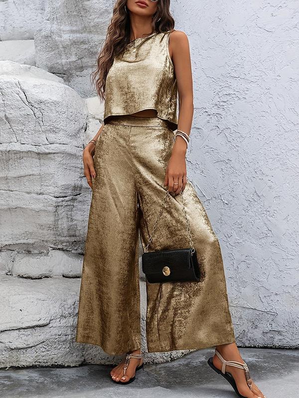 Loose Sleeveless Hollow Shiny Split-Joint Round-Neck Two Pieces Set Product Image