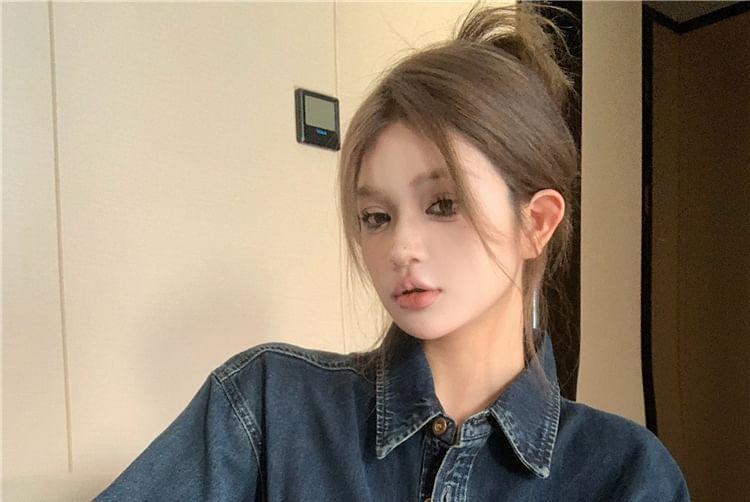 Long-Sleeve Washed Button-Up Denim Shirt / High Rise Wide Leg Jeans Product Image