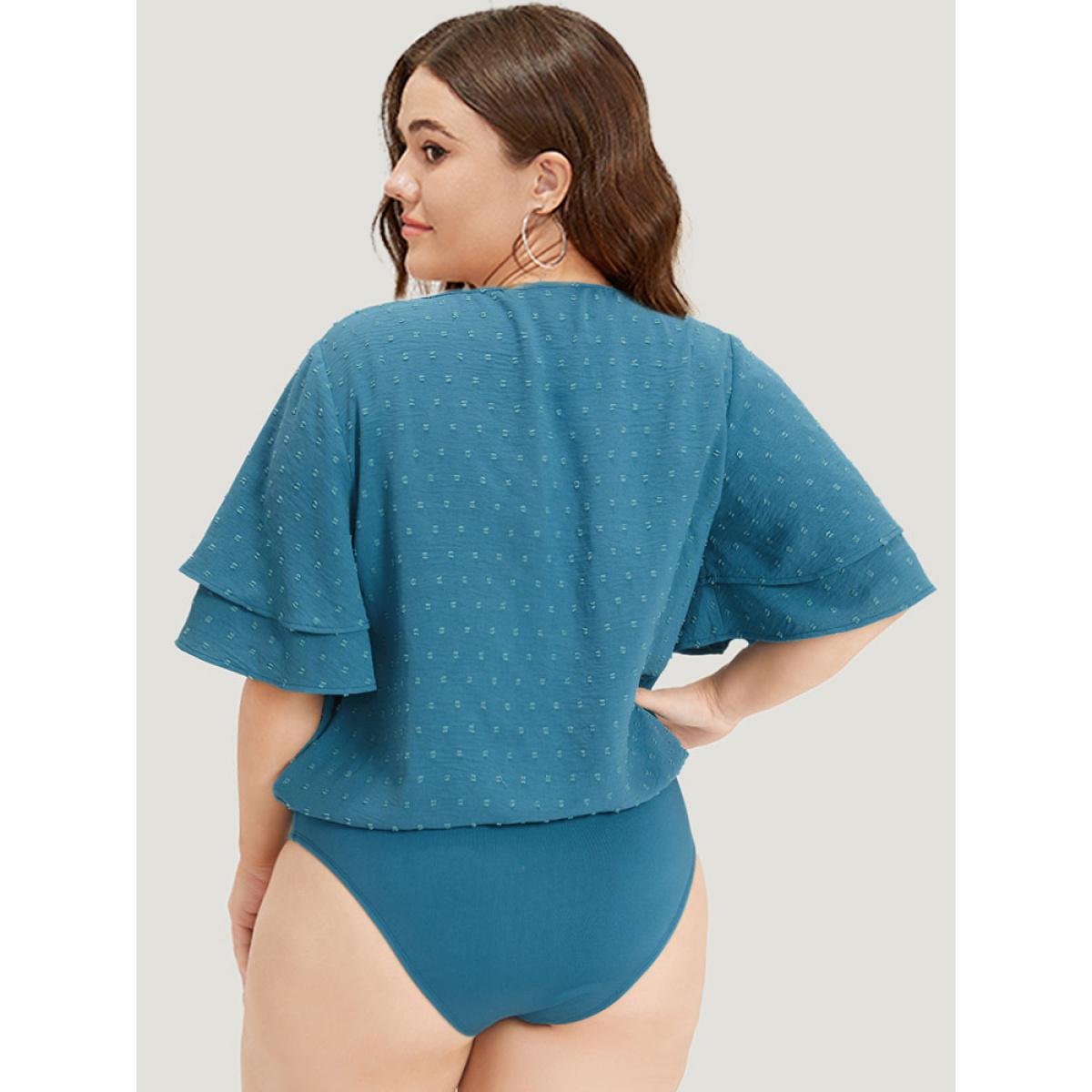 Plus Size Polka Dot V Neck Ruffle Layered Sleeve Bodysuit Women Cerulean Plain Elastic Waist Bodysuits BloomChic 14-16/1X Product Image