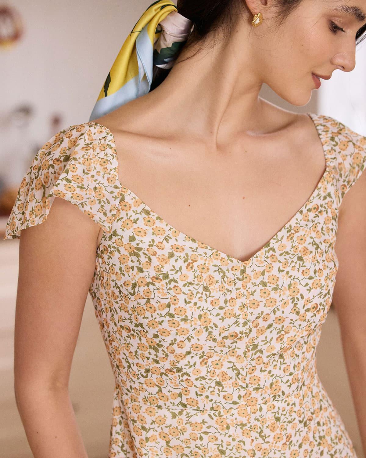 The Yellow V Neck Floral Slit Midi Dress Product Image