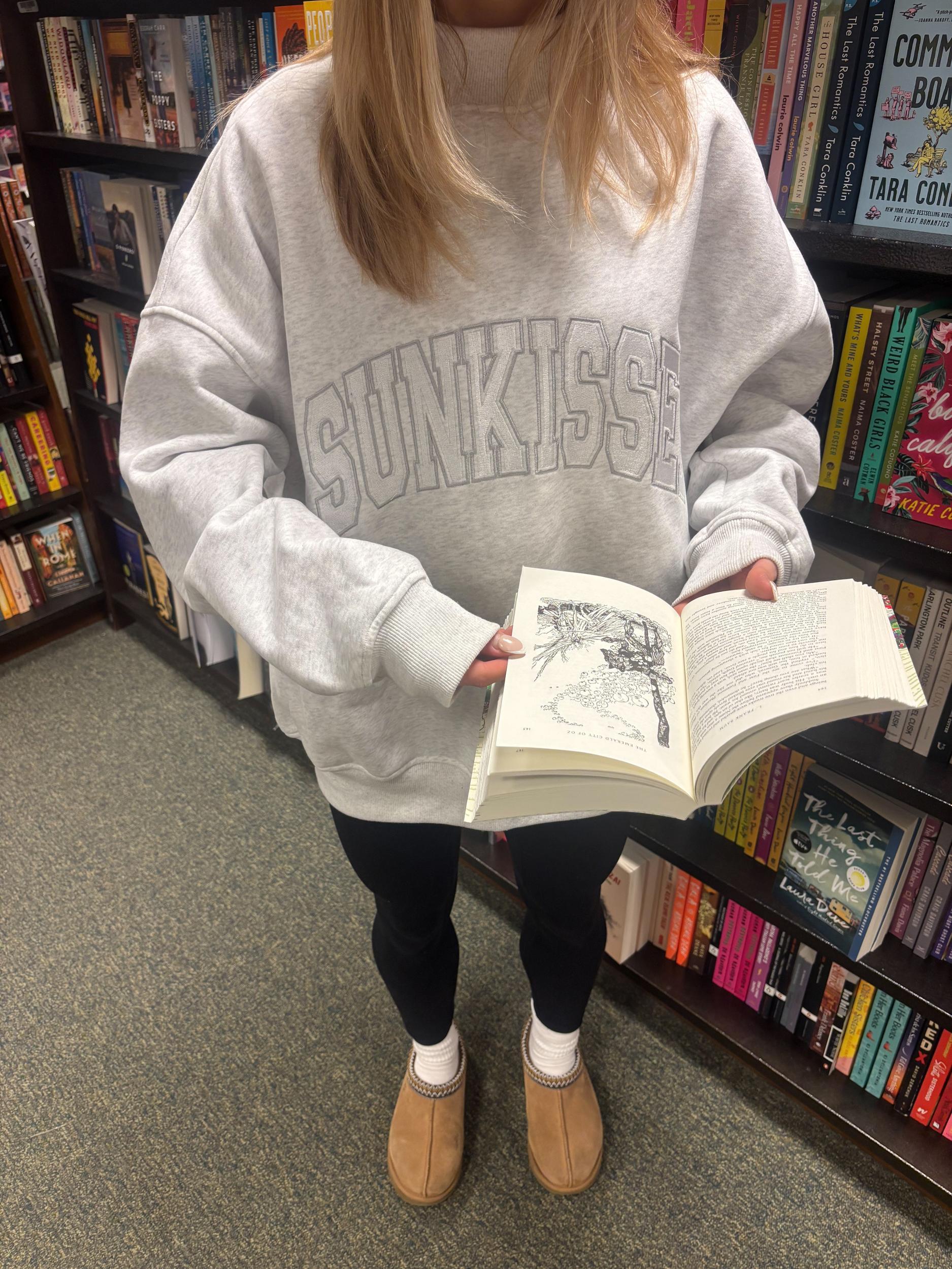 Pearl Grey Mockneck Sunkissed Varsity Embroider Sweatshirt Product Image