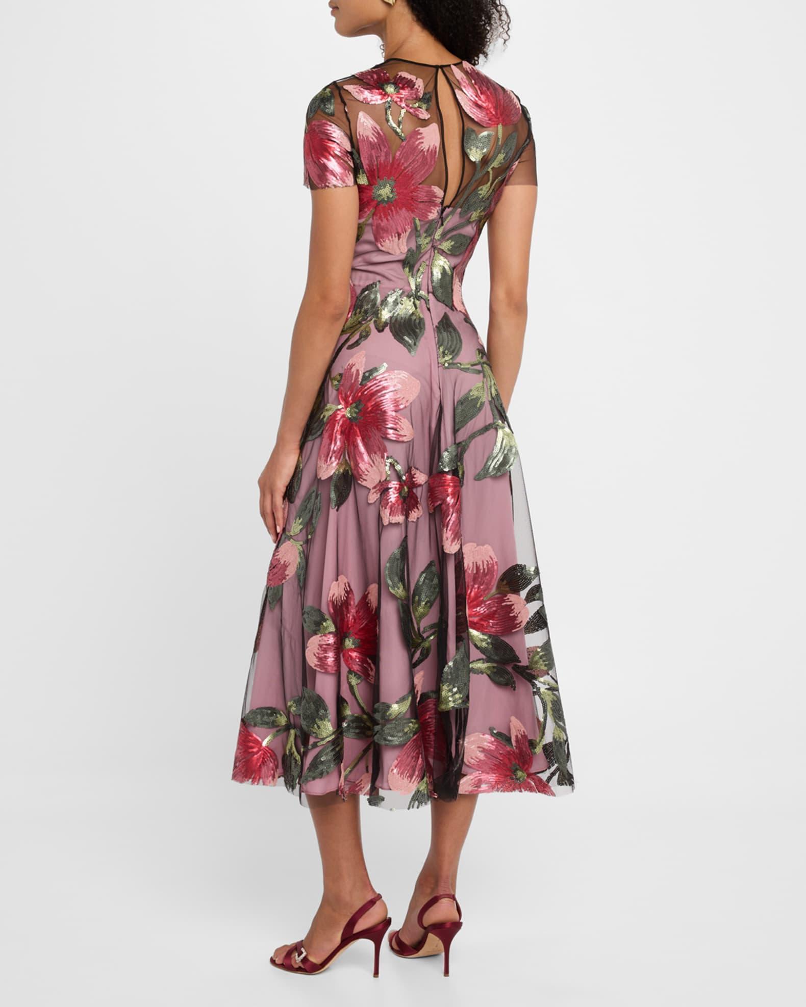 Floral Matte Sequined Tulle Cap-Sleeve Cocktail Dress Product Image