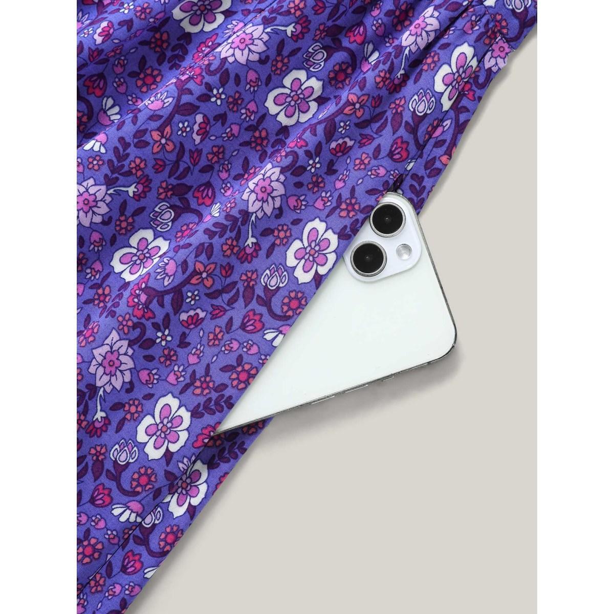 Plus Size Rayon Floral Print Color Contrast Midi Dress BlueViolet Women V-neck Short sleeve Curvy BloomChic 12/L Product Image