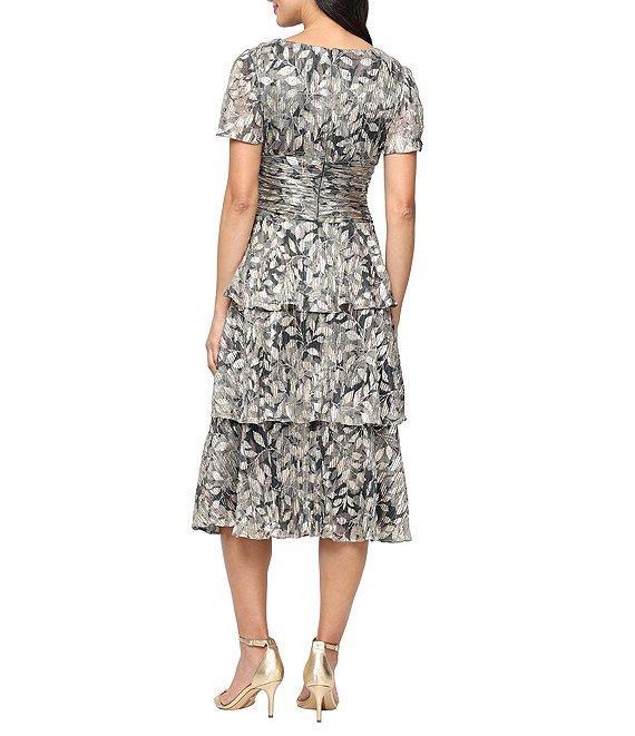Ignite Evenings Bodre Flutter Sleeve Metallic Print Tiered Midi Dress Product Image