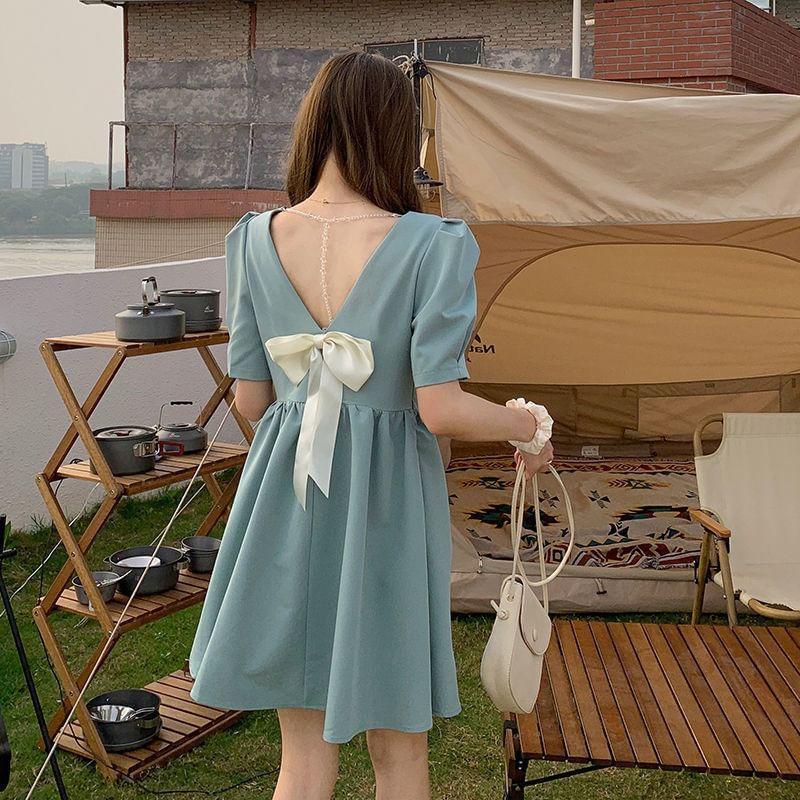Short-Sleeve Plain Bow Back Mini A-Line Dress Product Image