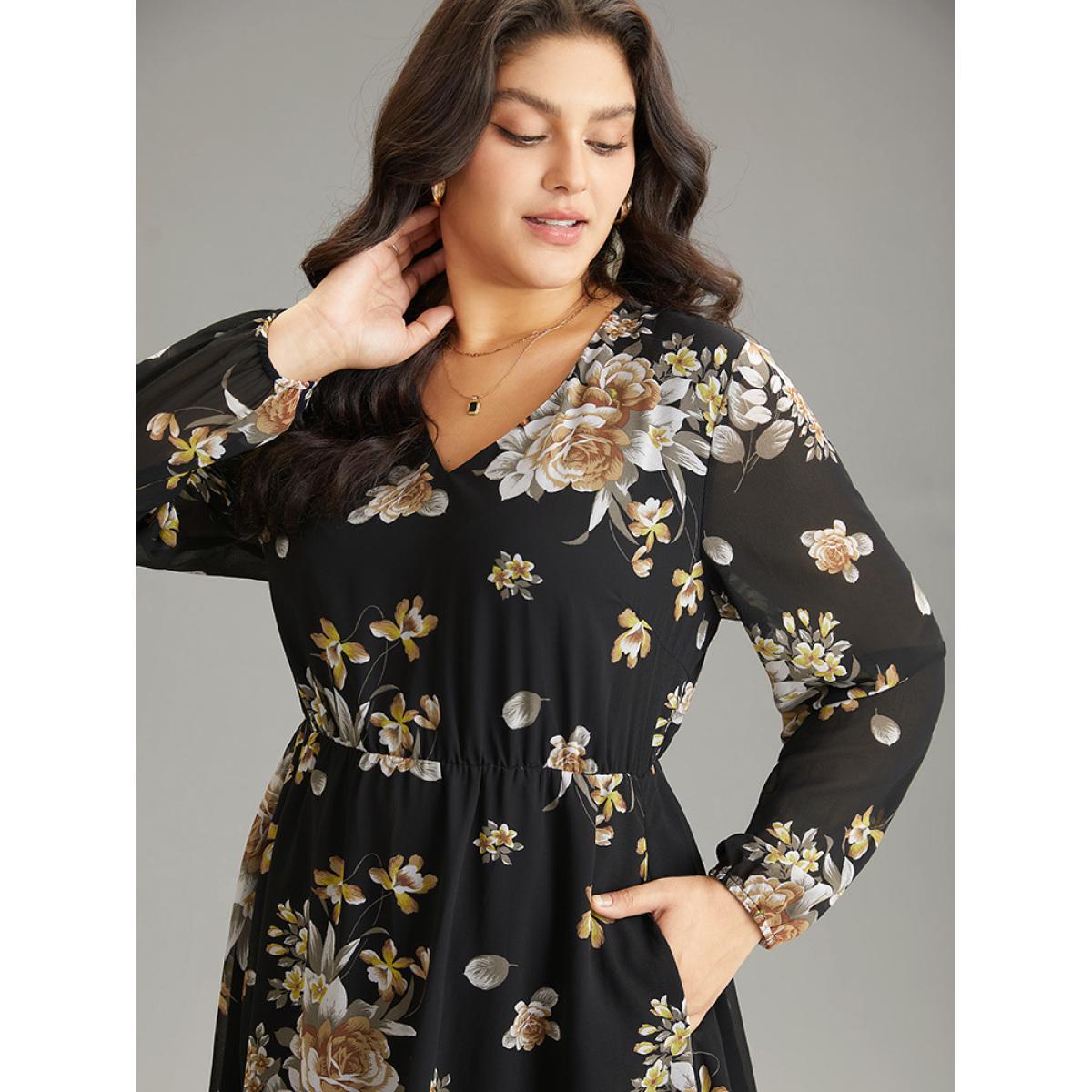 Plus Size Chiffon Floral Print Pocket Mesh Dress Black Women Elegant Elastic cuffs V-neck Long Sleeve Curvy Midi Dress BloomChic 18-20/2X Product Image