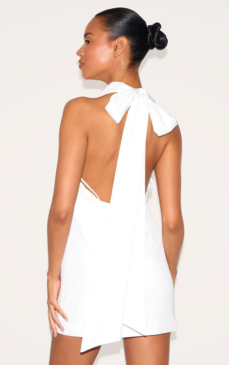 Premium White Woven Tie Halter Neck Dress Product Image