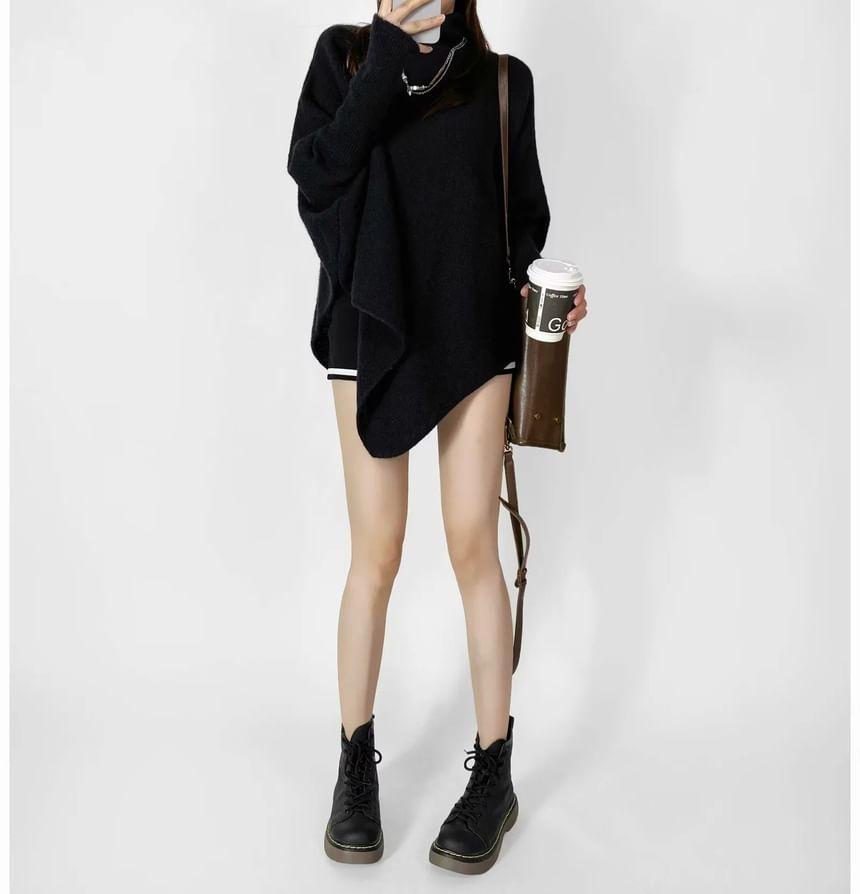 Turtleneck Asymmetrical Plain Sweater Product Image