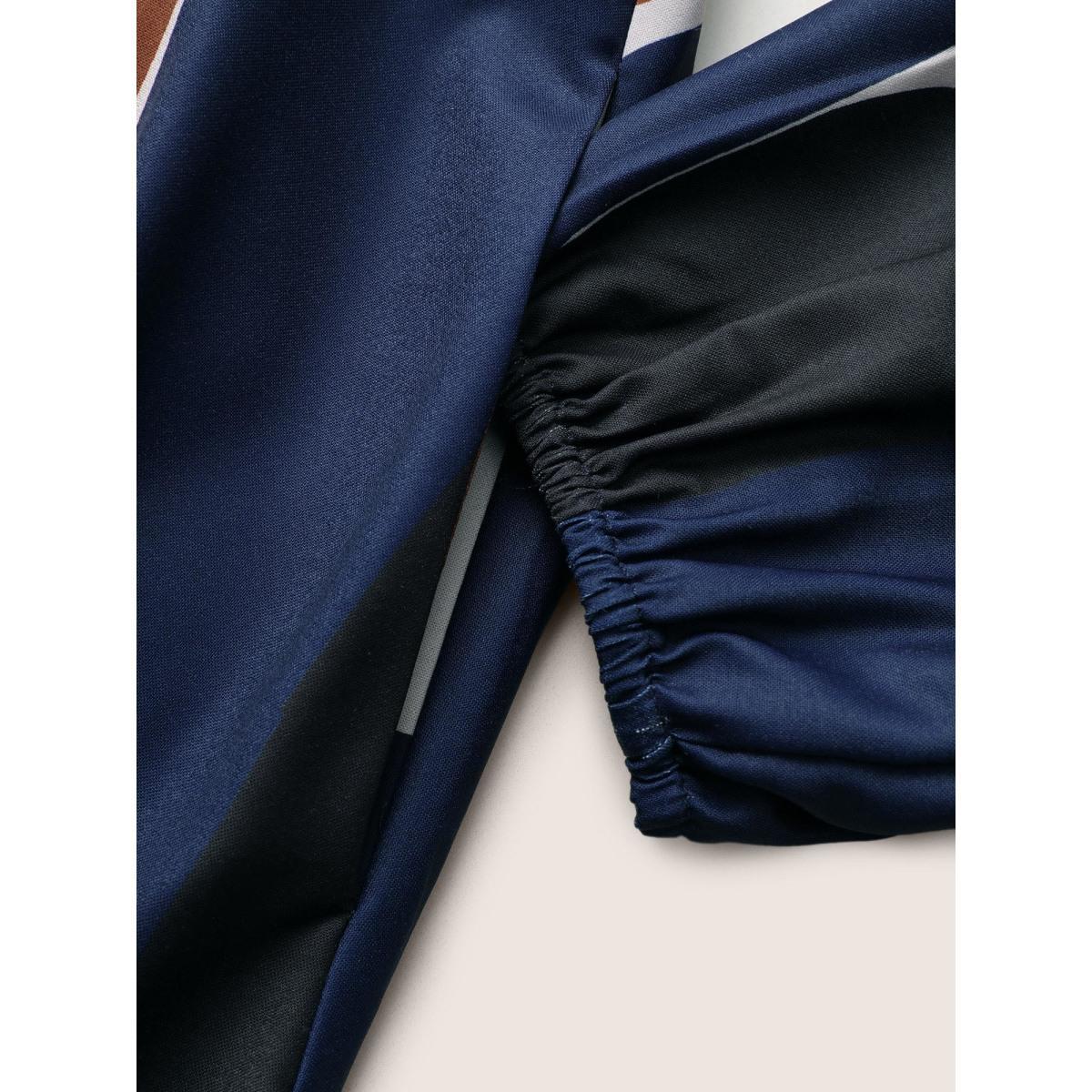 Plus Size Colorblock Contrast Gathered Frill Trim Belted Dress Multicolor Women Elegant Non Mock Neck Long Sleeve Curvy Midi Dress BloomChic 30/6X Product Image
