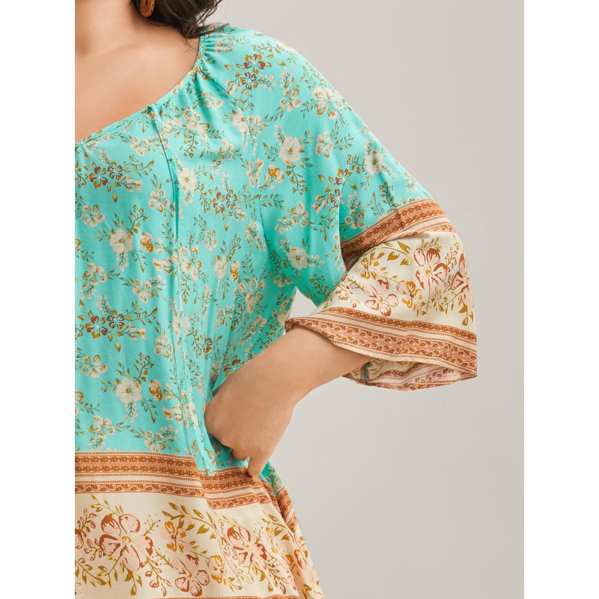 Plus Size Malachitegreen Boho Print Neck Ties Relaxed Fit Shirt Women Resort Elbow-length sleeve V-neck Vacation Blouses BloomChic 30/6X Product Image