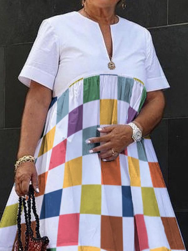 Loose Short Sleeves Printed Rainbow Plaid V-Neck Midi Dresses Product Image