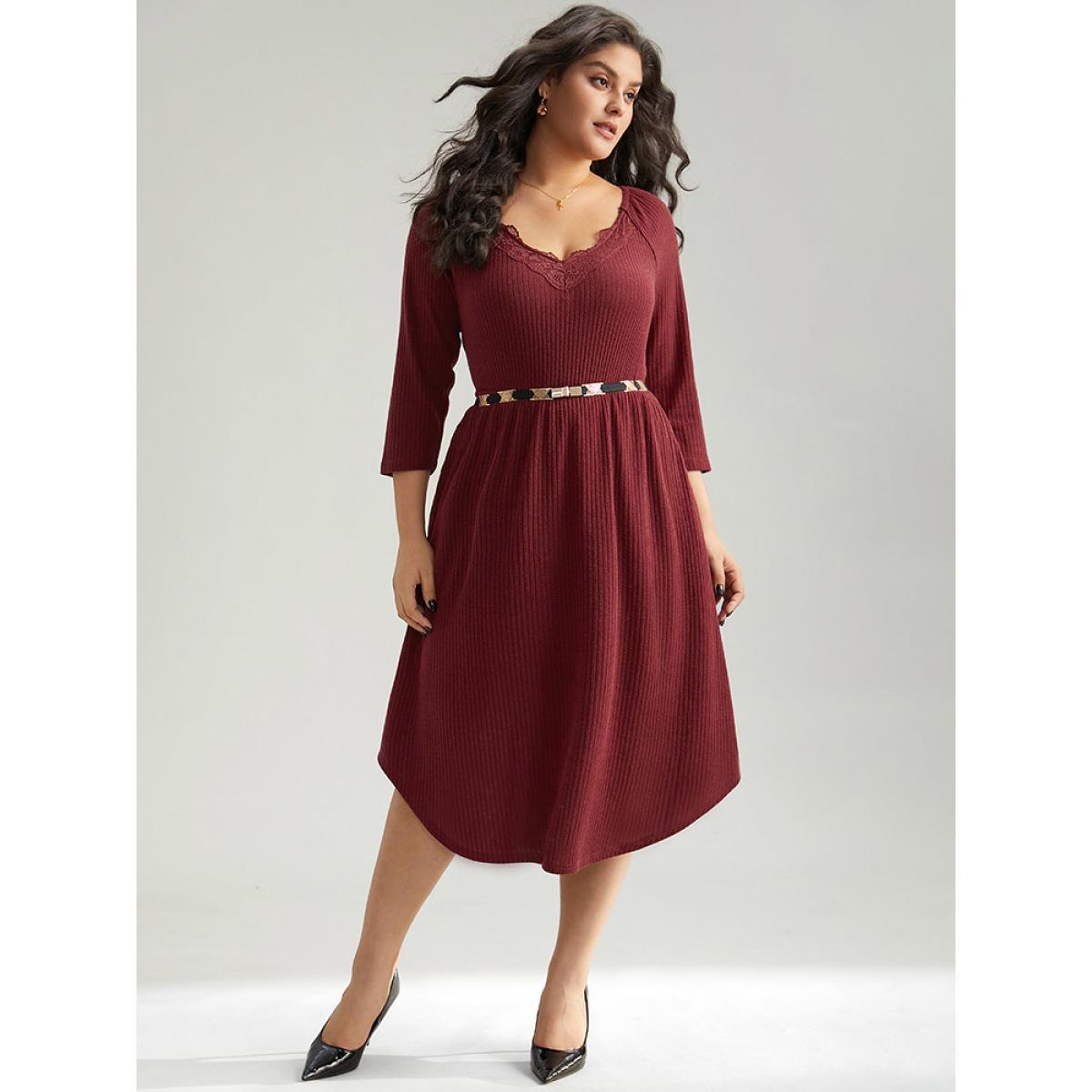 Plus Size Solid Rib Knit Lace Insert Dress Burgundy Women Elegant Rib Knit V-neck Long Sleeve Curvy Midi Dress BloomChic 10/M Product Image