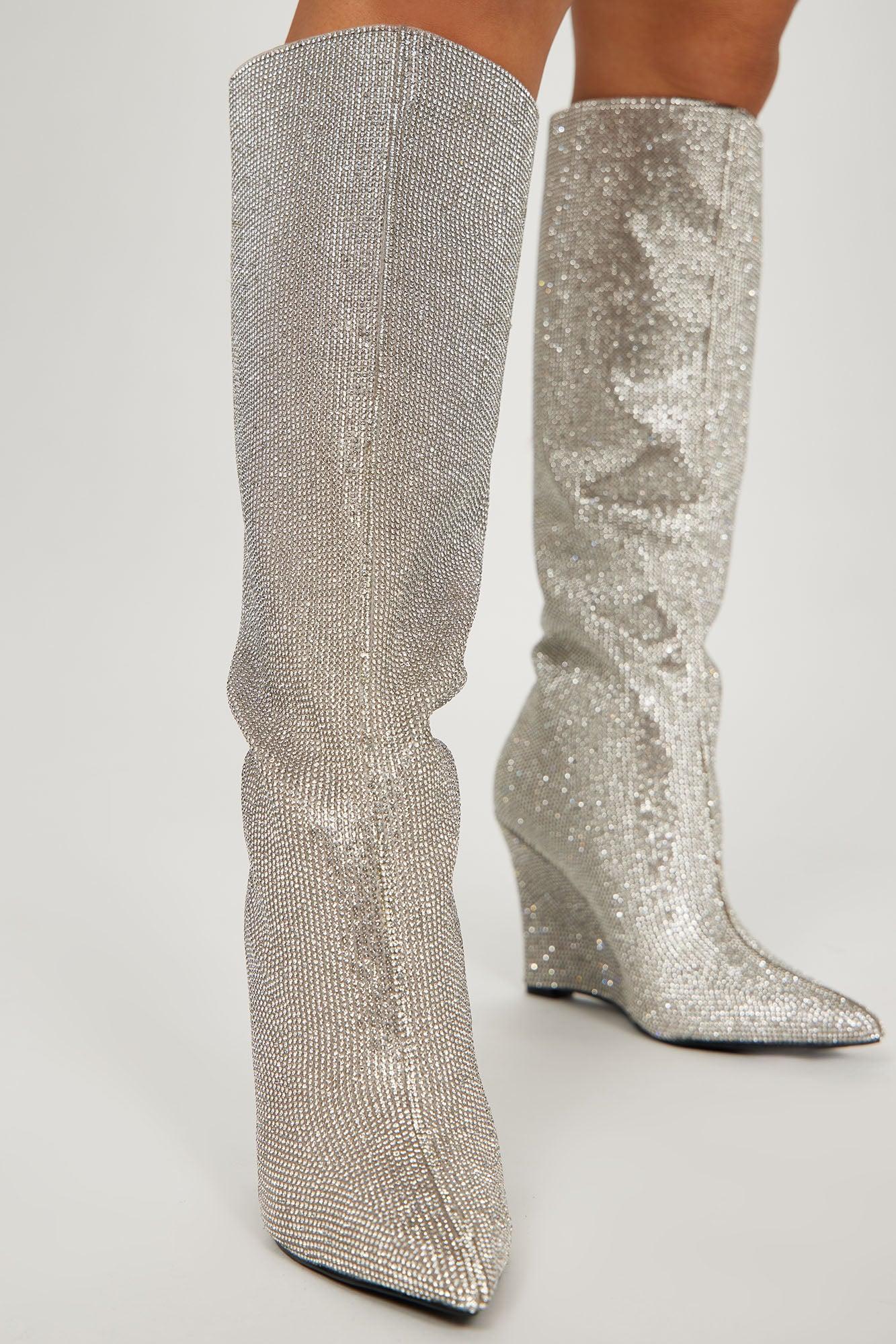 All The Glam Rhinestone Knee High Boots - Silver Product Image