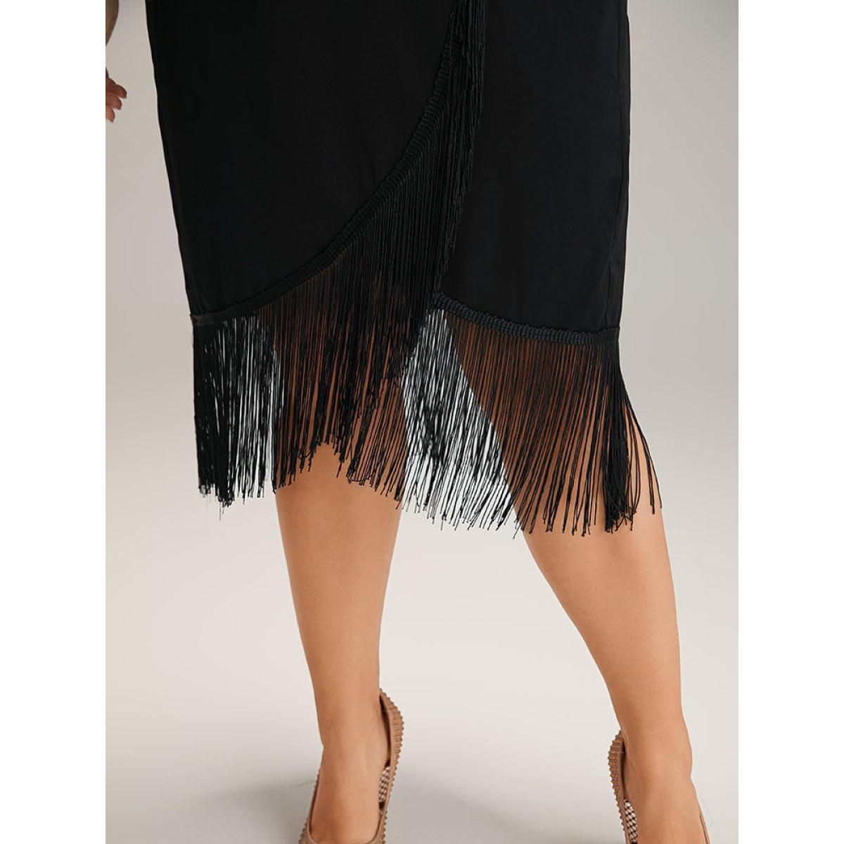 Plus Size Plain Wrap Tassel Trim Pleated Dress Black Women Cocktail Tassels V-neck Elbow-length sleeve Curvy Midi Dress BloomChic 10/M Product Image