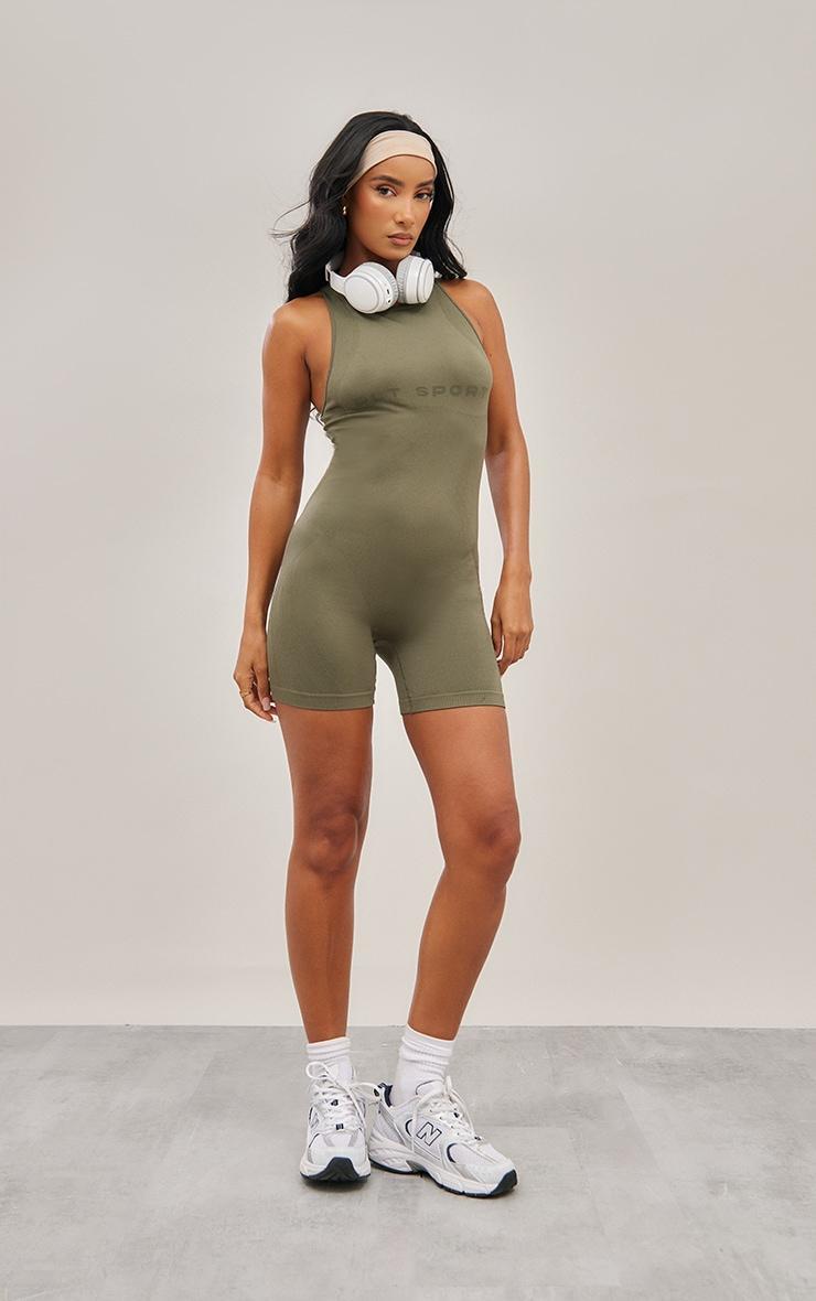 Olive Seamless Strappy Ruched Bum Gym Unitard Product Image