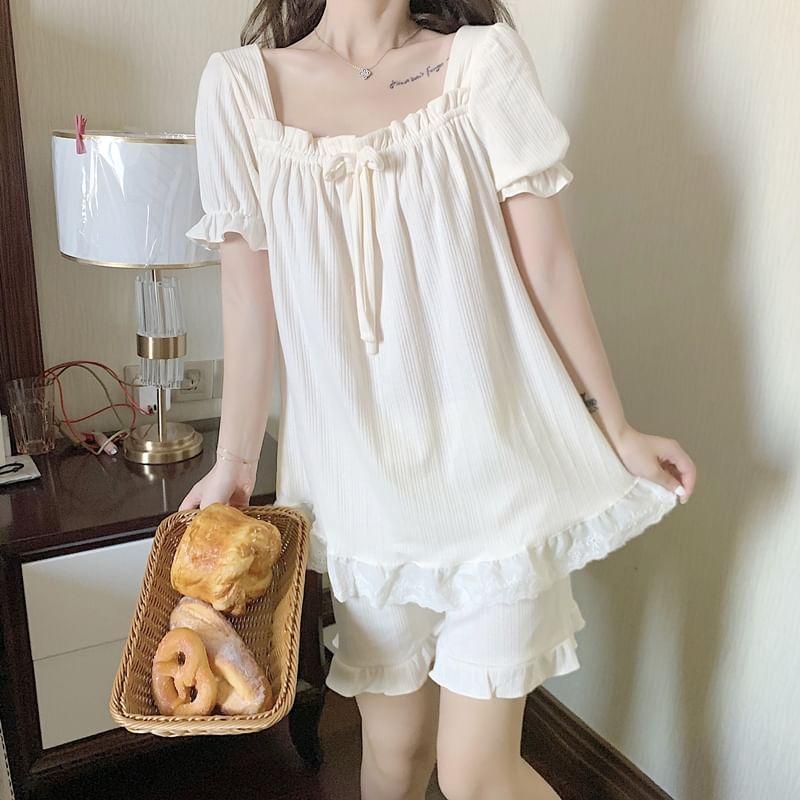 Pajama Set: Short-Sleeve Square Neck Lace Trim Top + Shorts Product Image