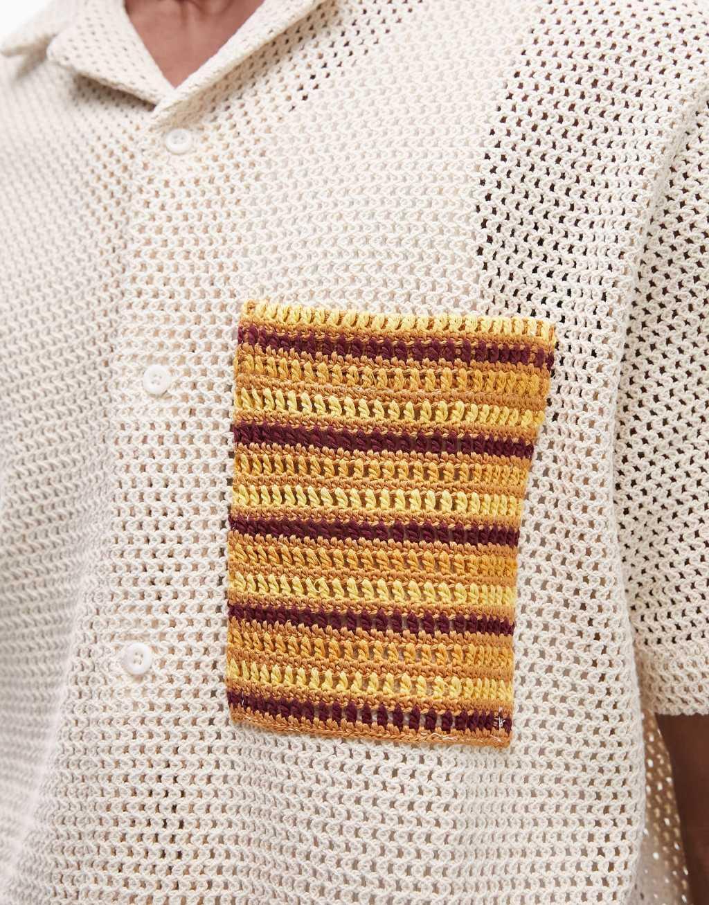 Topman short sleeve crochet pocket shirt in stone  Product Image