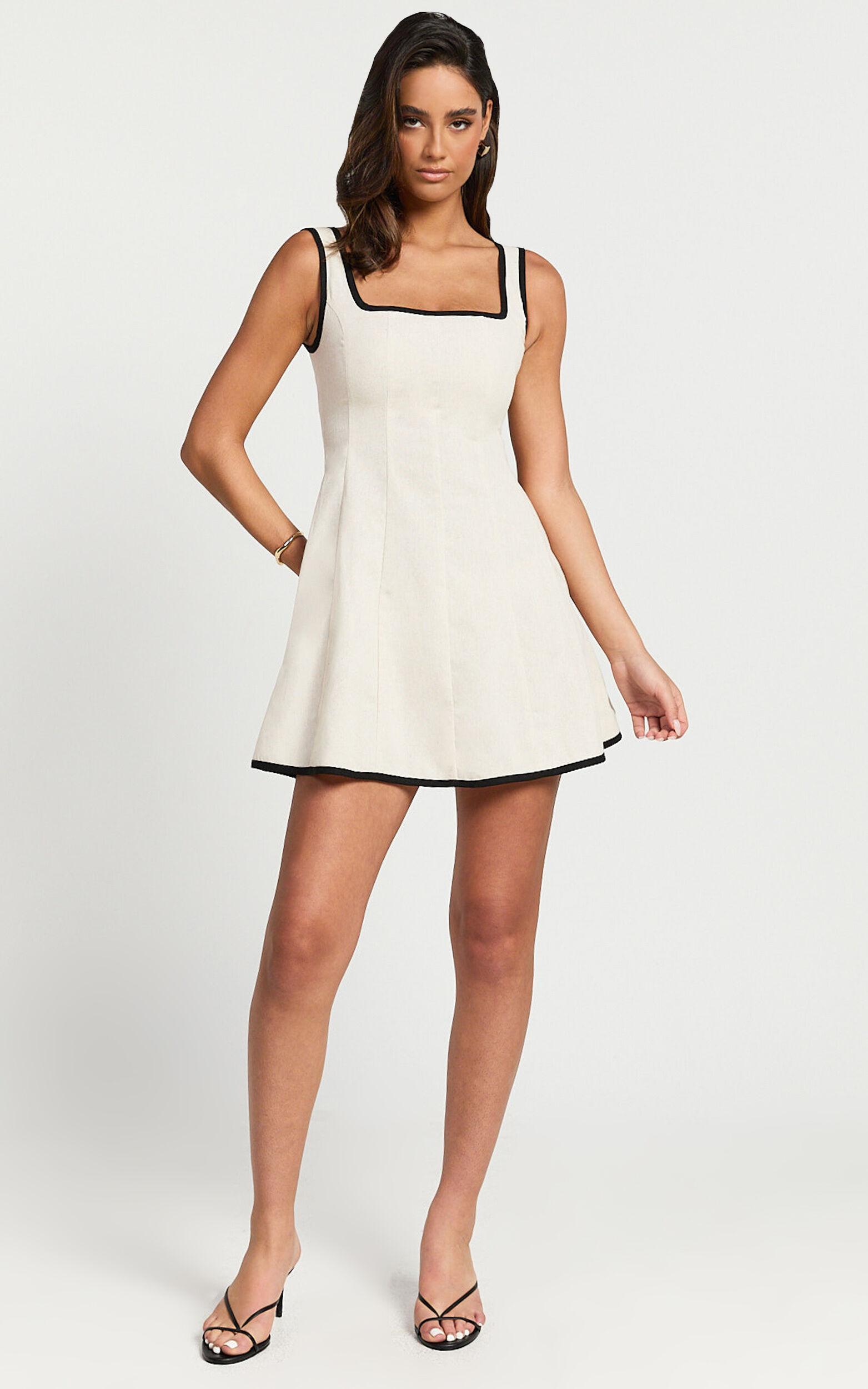 Antoni Mini Dress - Linen Ruched Back Square Neck Fit and Flare Dress in Natural Product Image