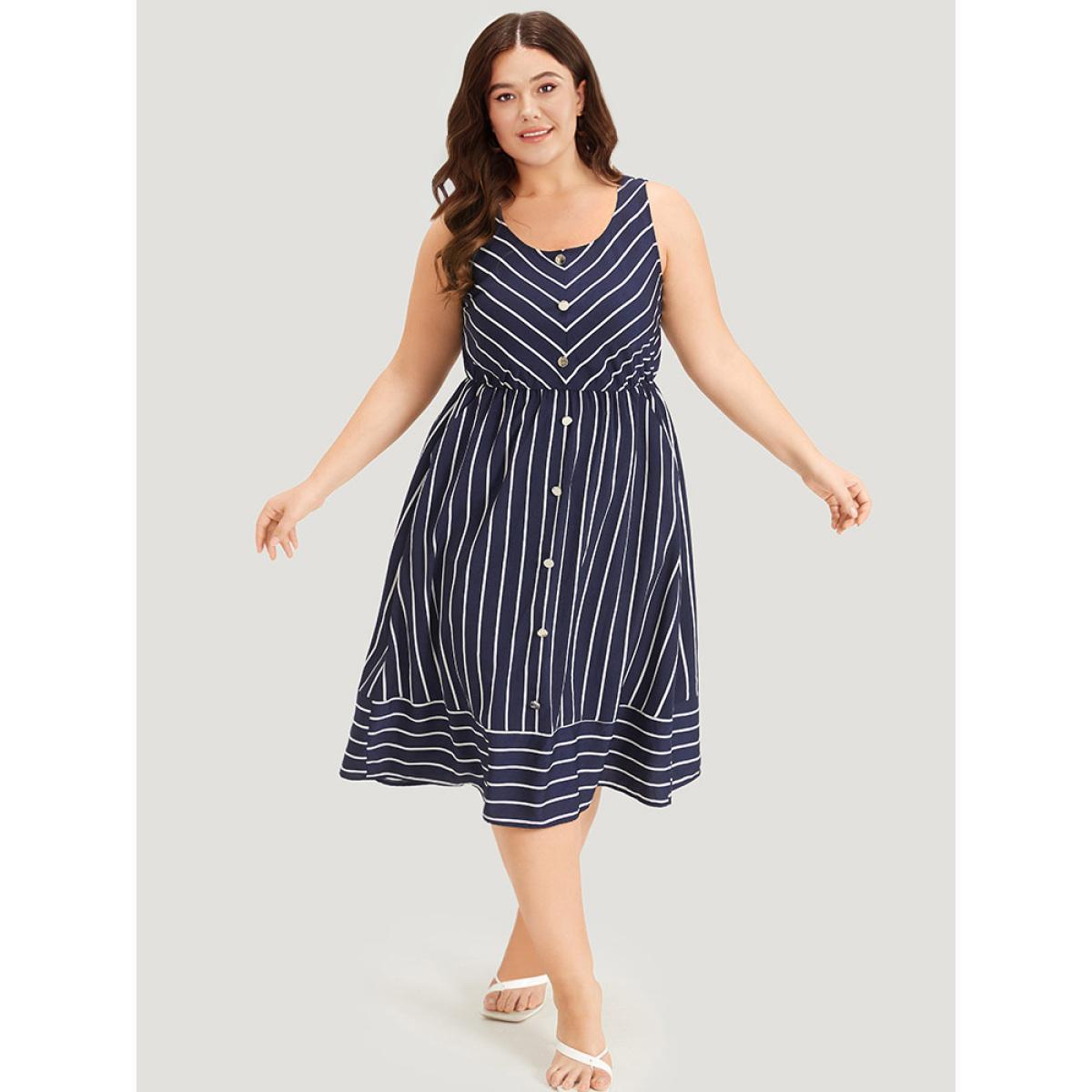 Plus Size Striped Button Detail Elastic Waist Pocket Tank Dress DarkBlue Women Elegant Elastic Waist Scoop Neck Sleeveless Curvy Midi Dress BloomChic 22-24/3X Product Image