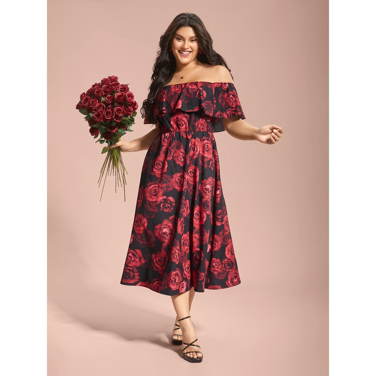Plus Size Off-Shoulder Rose Pattern Ruffled Dress BlackFlower Women Elegant Ruffles One-shoulder neck Short sleeve Curvy BloomChic 18-20/2X Product Image