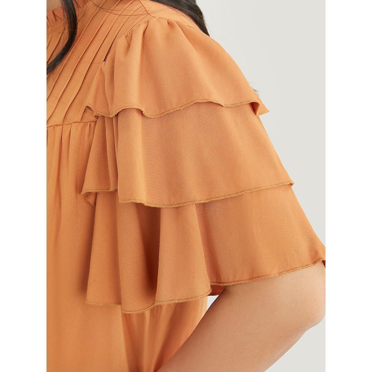 Plus Size Rust Solid Pleated Keyhole Ruffle Tiered Sleeve Frill Trim Blouse Women Elegant Short sleeve Round Neck Dailywear Blouses BloomChic 12/L Product Image