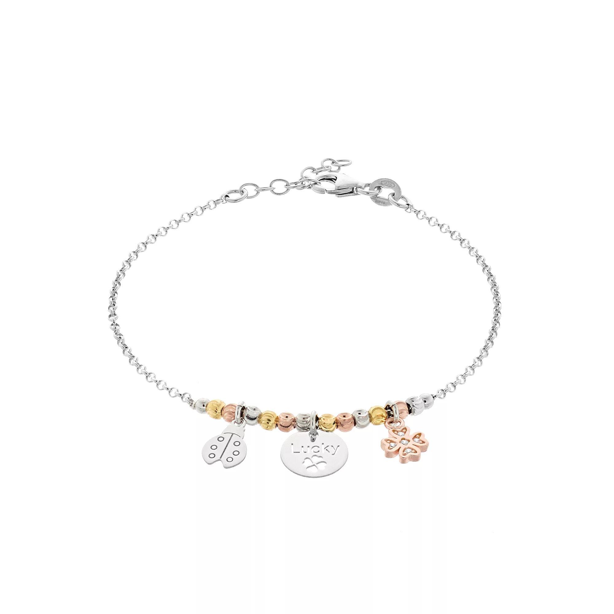 Tri Tone Sterling Silver Cubic Zirconia Clover & Ladybug Charm Bracelet, Women's, Size: 7-8" ADJ Product Image
