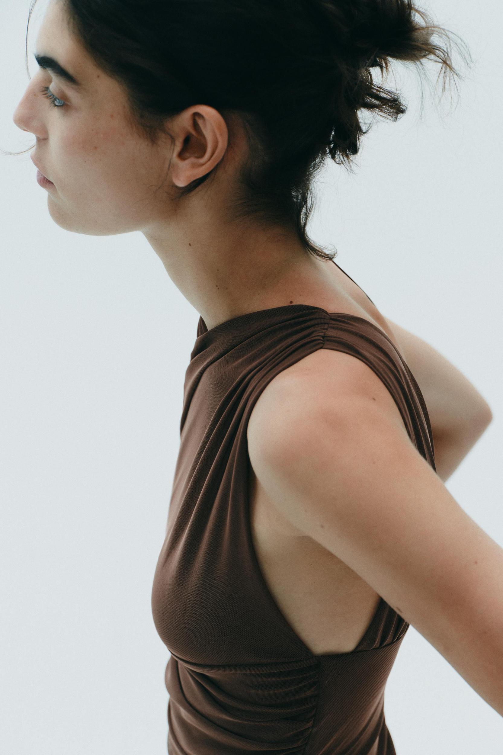 DRAPED ASYMMETRIC TULLE BODYSUIT Product Image