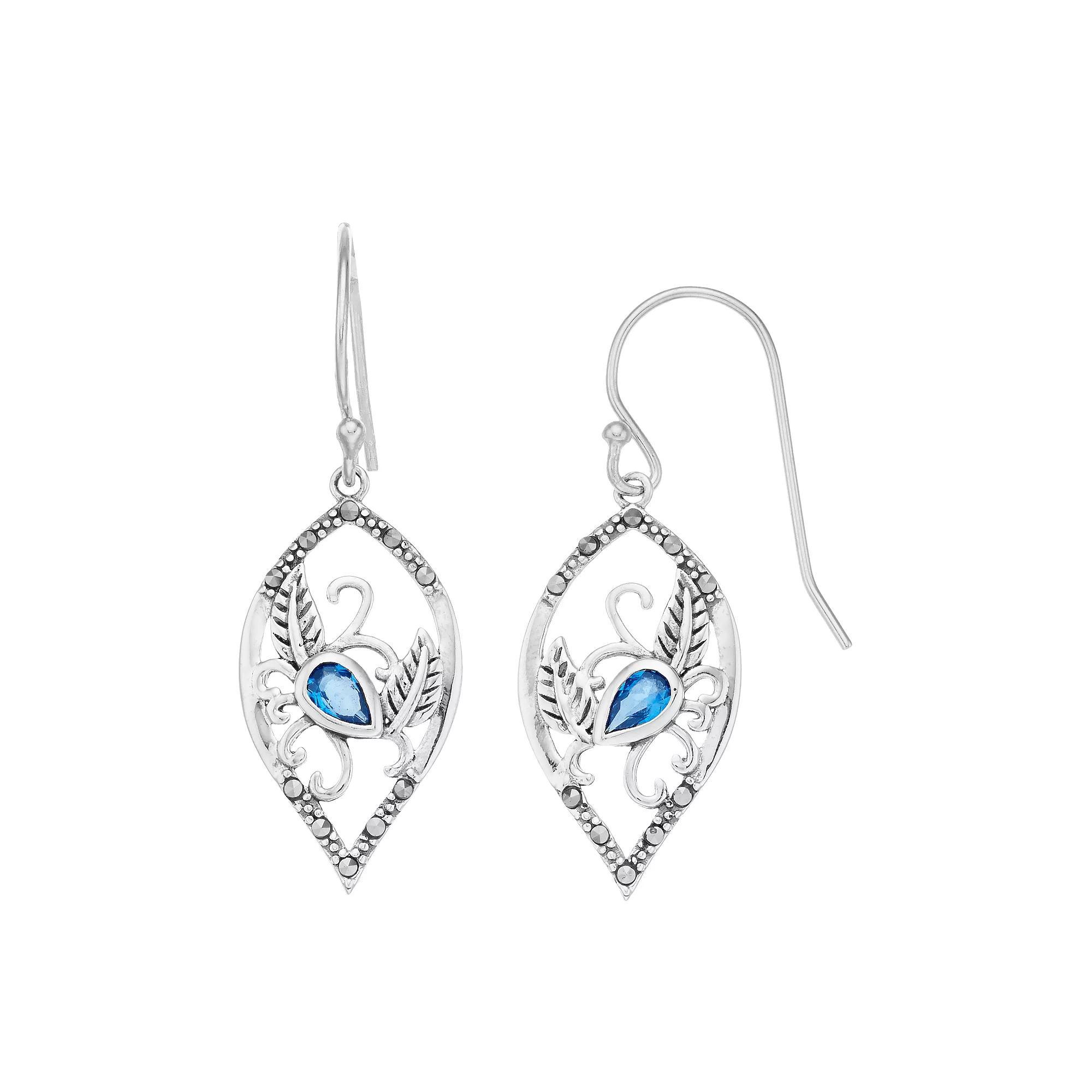 Tori Hill Sterling Silver Marcasaite & Blue Glass Drop Earrings, Women's Product Image