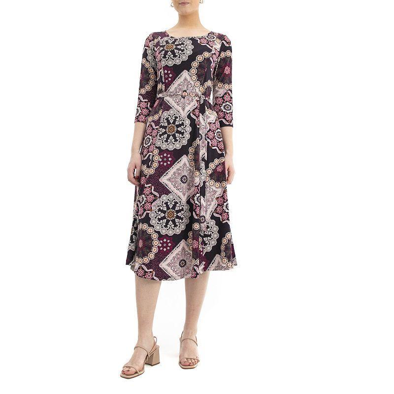 Women's Nina Leonard Belted 3/4 Sleeve Print Midi Dress, Size: Medium, Dusty Pink Product Image