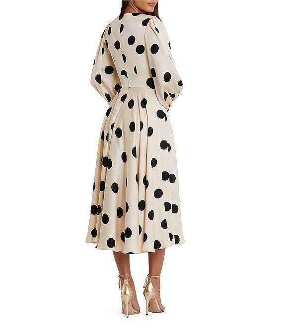 Mac Duggal Polka Dot Charmeuse V-Neck Puff Sleeves Midi Dress Product Image