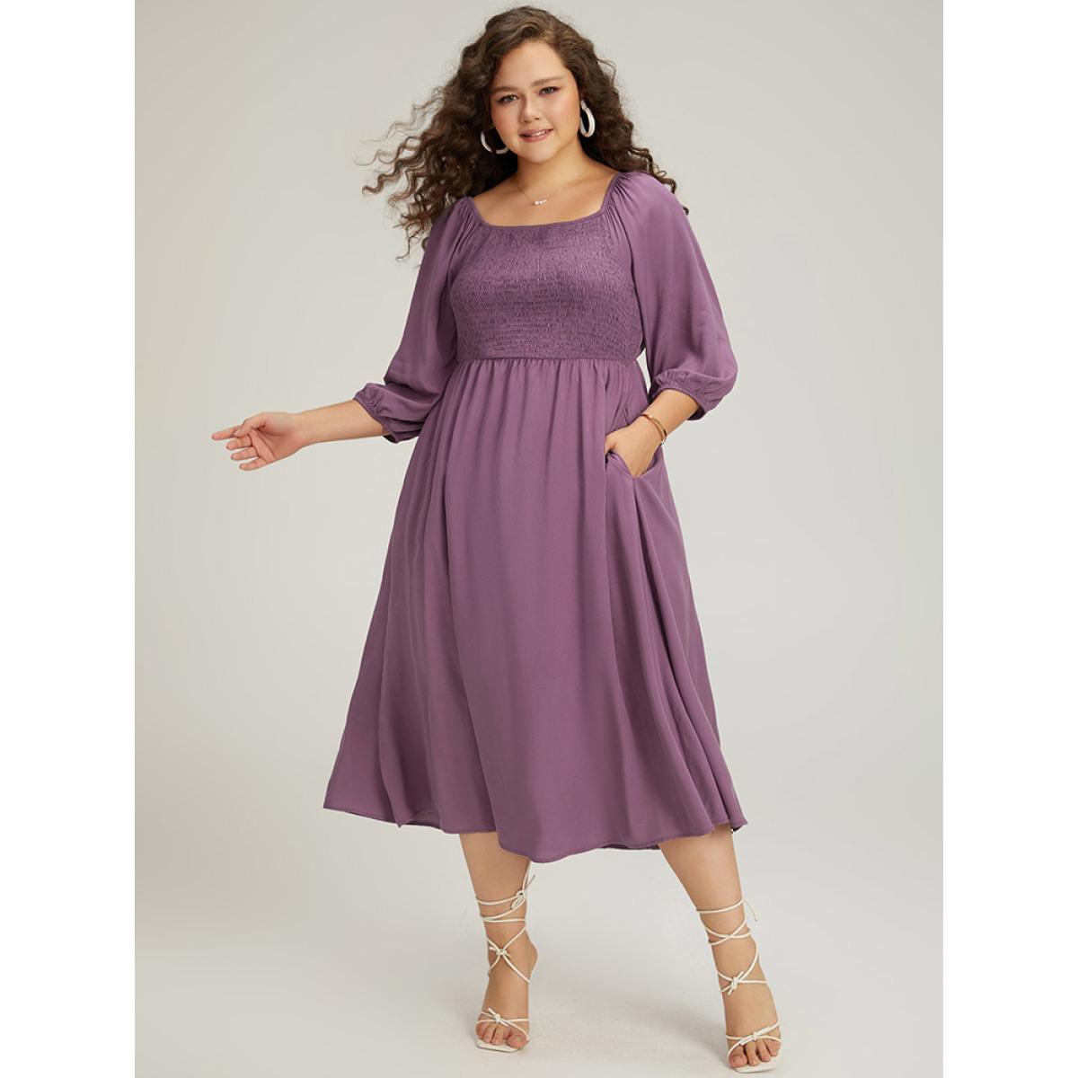 Plus Size Plain Shirred Square Neck Elastic Cuffs Dress Mauve Women Elegant Elastic cuffs Square Neck Elbow-length sleeve Curvy Midi Dress BloomChic 26/4X Product Image