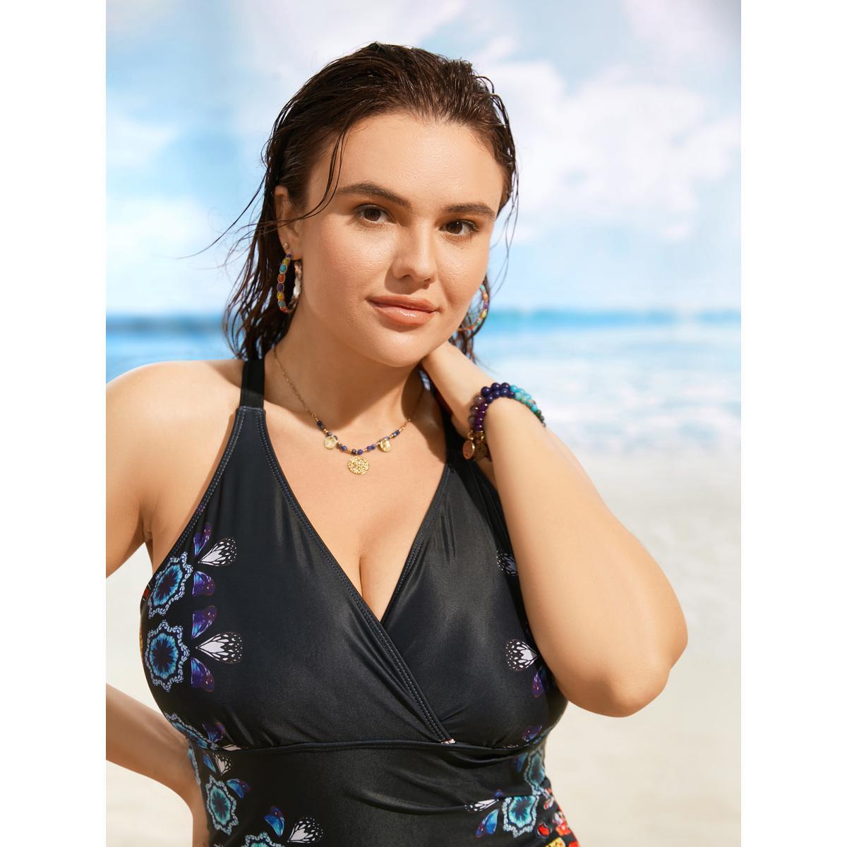 Plus Size Overlap Collar Boho Print Gathered One Piece Swimsuit Women's Swimwear Black Beach Gathered Curve Bathing Suits High stretch One Pieces BloomChic 10/M Product Image