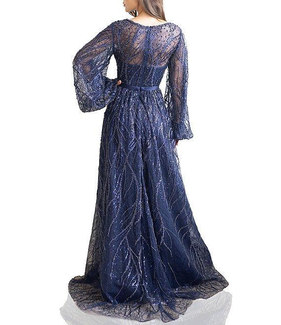 Terani Couture Beaded Tulle V-Neck Long Balloon Sleeve A-Line Gown Product Image