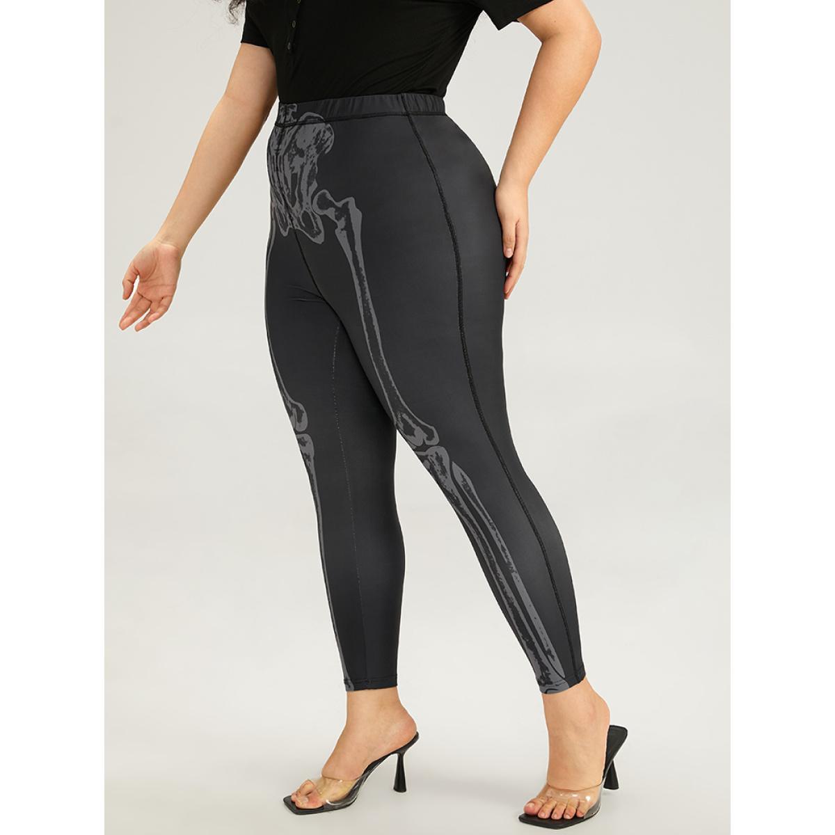 Plus Size Halloween Skull Print High Rise Skinny Leggings Women Black Elegant High stretch Skinny High Rise Festival-Halloween Leggings BloomChic 18-20/2X Product Image