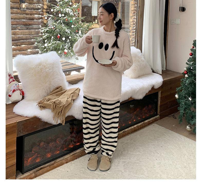 Pajama Set: Smiley Face Sweatshirt + Striped Pants Product Image