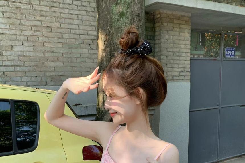 V-Neck Heart Print Asymmetrical Knot Slit Flowy Crop Camisole Top Product Image