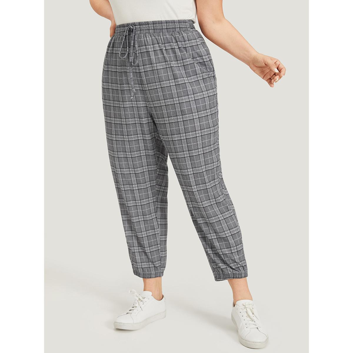 Plaid Drawstring Pocket High Rise Sweatpants SlateGray Plus Size Women Casual Dailywear Cross straps 28/5X Bloomchic Product Image