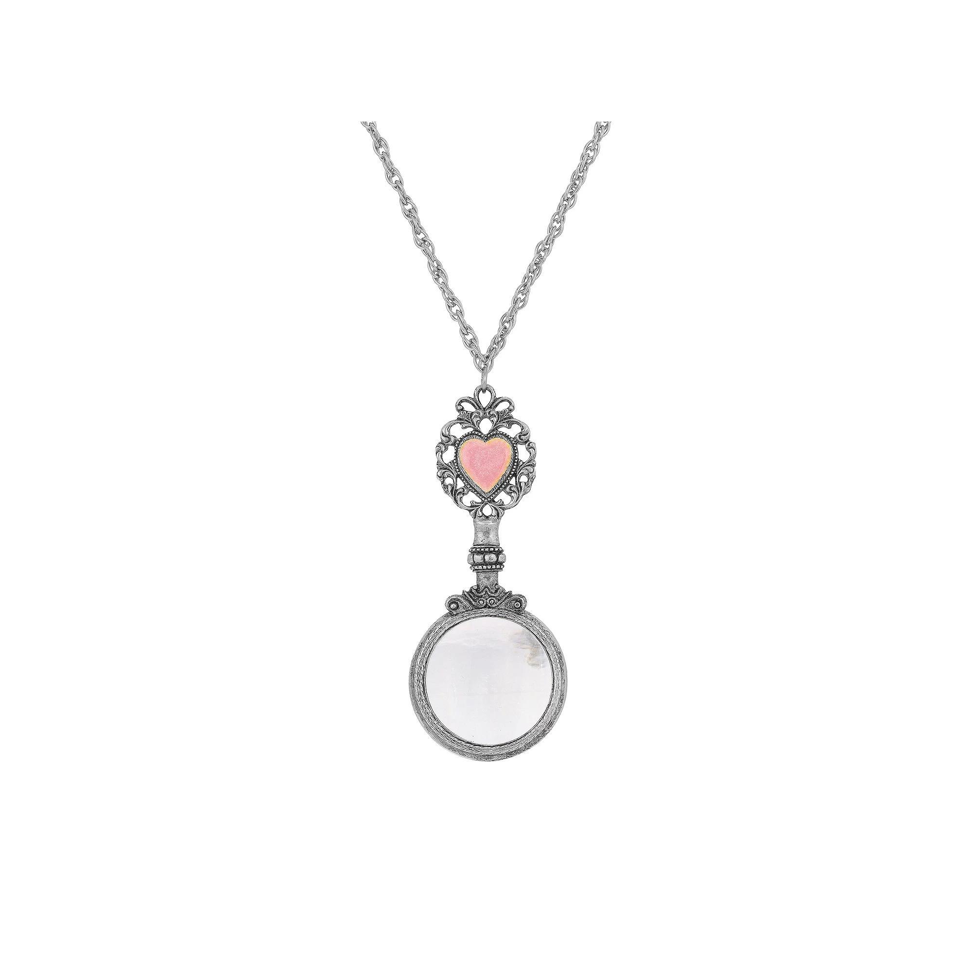 1928 Silver Tone Pink Crystal Heart Magnifying Glass Necklace, Womens Product Image