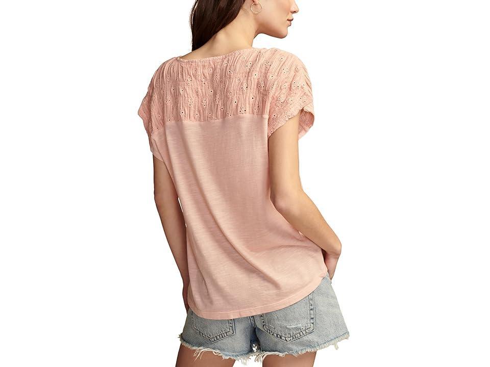 Lucky Brand Smocked Schiffly Mixed Dolman Tee (Coral Almond) Women's Clothing Product Image