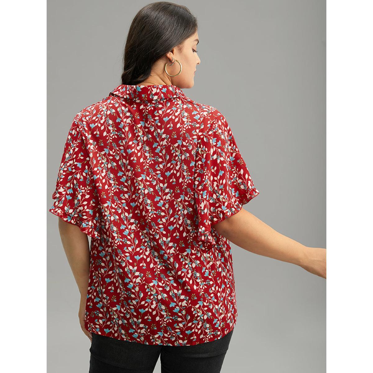 Plus Size Maroon Ditsy Floral Shirt Collar Button Through Ruffle Sleeve Blouse Women Elegant Short sleeve Shirt collar Dailywear Blouses BloomChic 14-16/1X Product Image