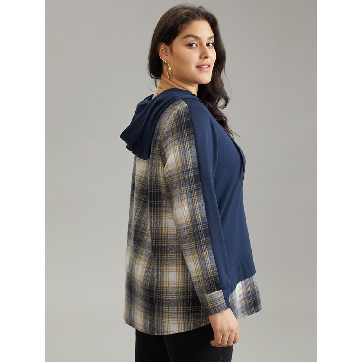 Plus Size Contrast Plaid Hooded Curved Hem Sweatshirt Women Blue Casual Contrast Hooded Dailywear Sweatshirts BloomChic 28/5X Product Image