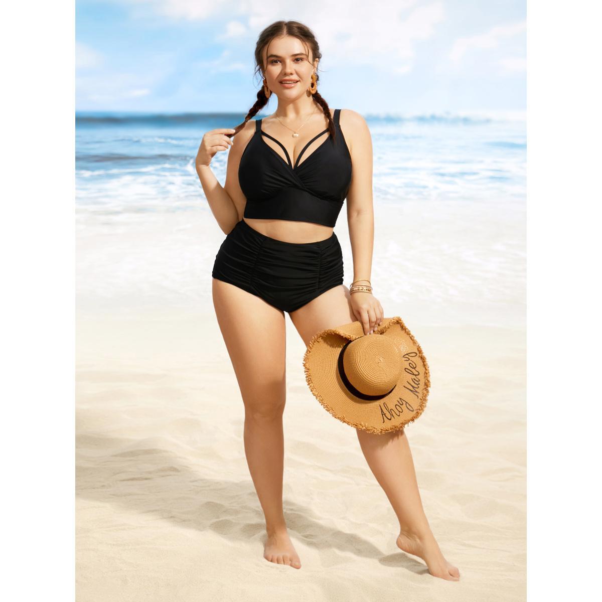 Plus Size Solid Cut Out Adjustable Straps Swim Top Women's Swimwear Black Beach Non High stretch Skinny Overlap Collar Curve Swim Tops BloomChic 18-20/2X Product Image