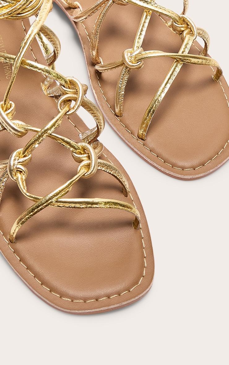  Gold Metallic Real Leather Square Toe Knotted Strap Tie Up Sandals Product Image