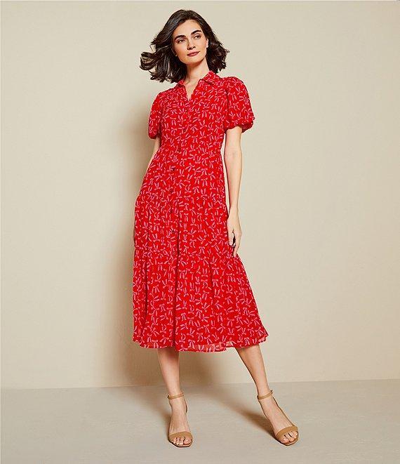 CeCe Gauze Chiffon Bow Print Point Collar Short Sleeve Tiered Midi Dress Product Image