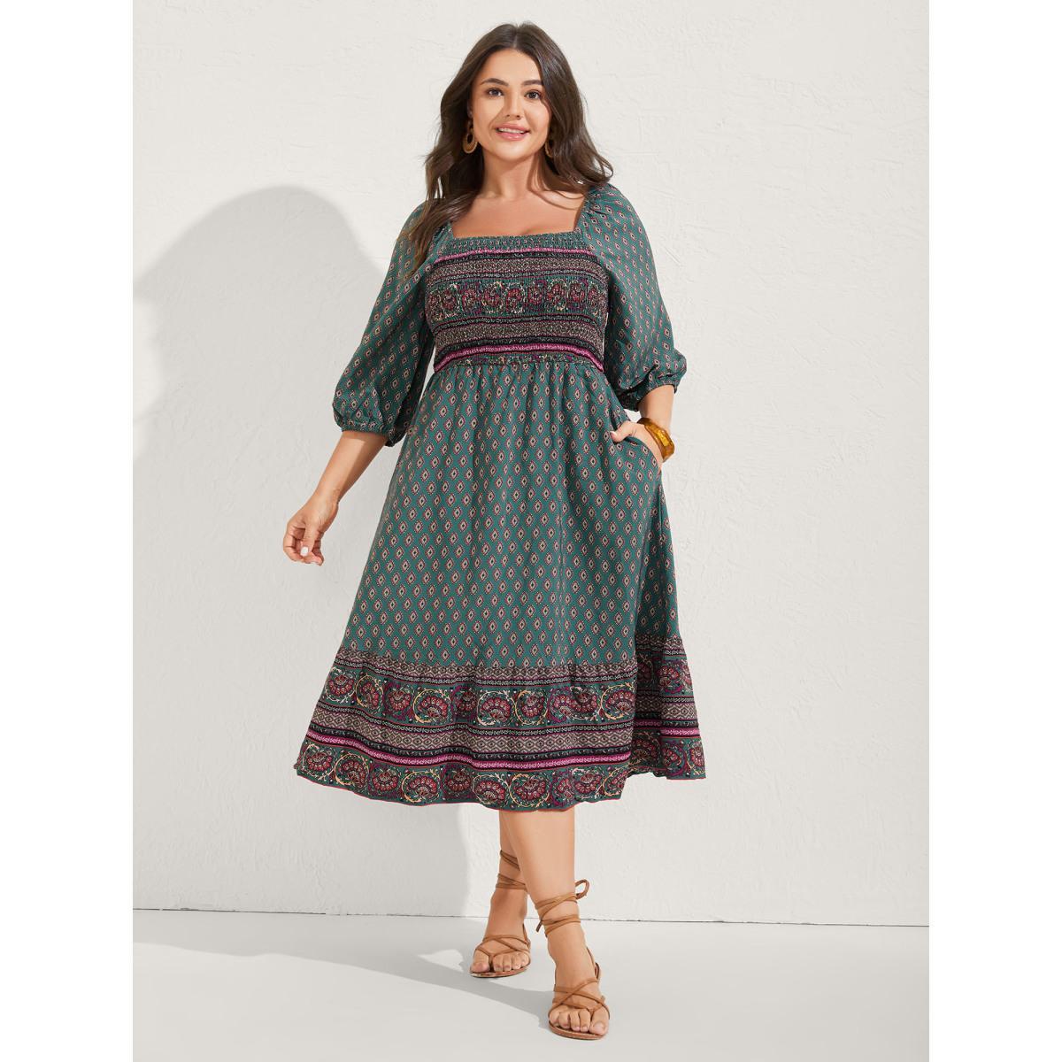 Plus Size Paisley Print Shirred Bodice Midi Dress Teal Women Square Neck Elbow-length sleeve Curvy BloomChic 18-20/2X Product Image