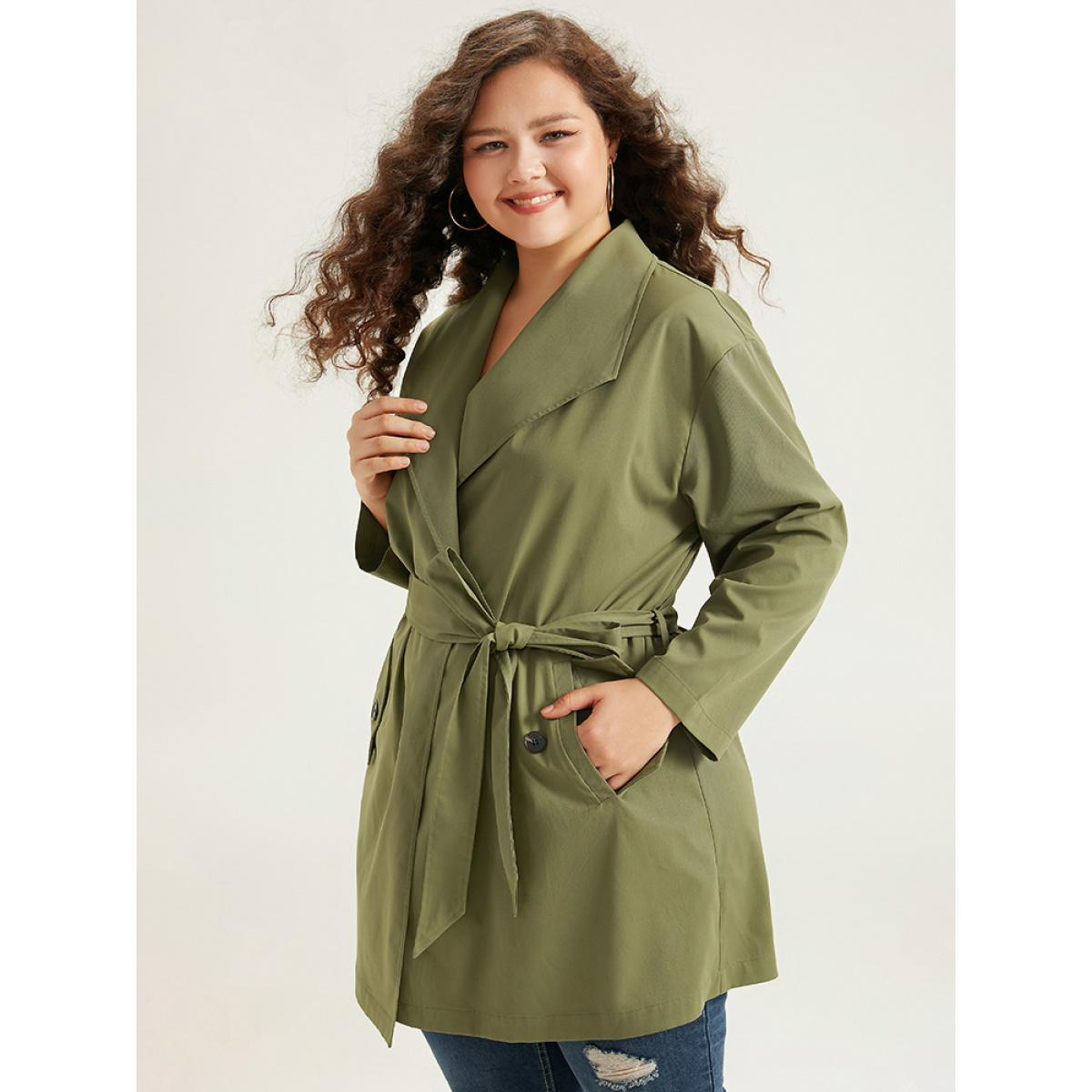 Plus Size Lapel Collar Belted Slant Pocket Coat Women Sage Casual Plain Ladies Everyday Winter Coats BloomChic 10/M Product Image