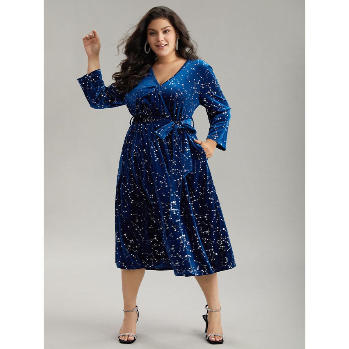 Plus Size Star Glitter Velvet Wrap Pocket Belted Dress DarkBlue Women Party Wrap Overlap Collar Long Sleeve Curvy Midi Dress BloomChic 30/6X Product Image